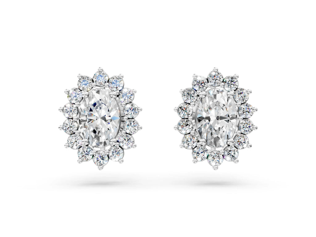 White gold Oval Diamond Floral Halo Stud Earrings