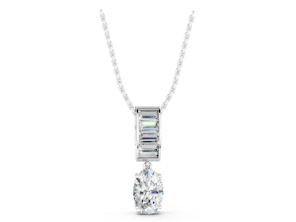 White gold Oval and Baguette Diamond Drop Pendant