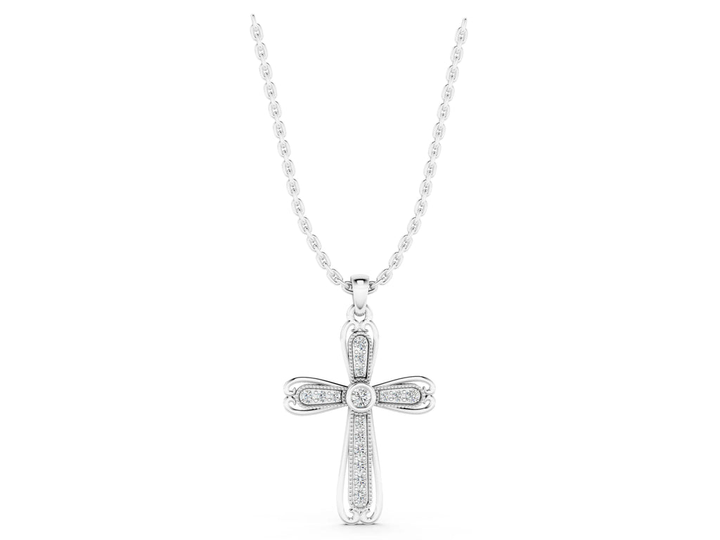 Silver Pavé Round Diamond Cross Pendant with Bezel Setting