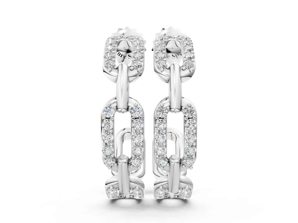 White gold Pavé Round Diamond Link Hoop Earrings with Prong Setting