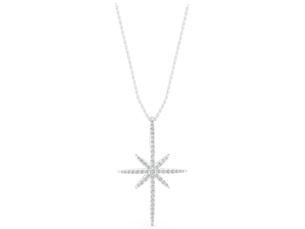 Silver Pavé Round Diamond Starburst Pendant with Prong Setting