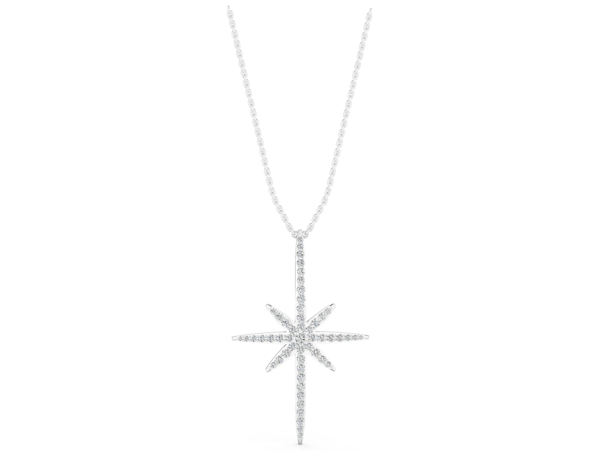 Silver Pavé Round Diamond Starburst Pendant with Prong Setting
