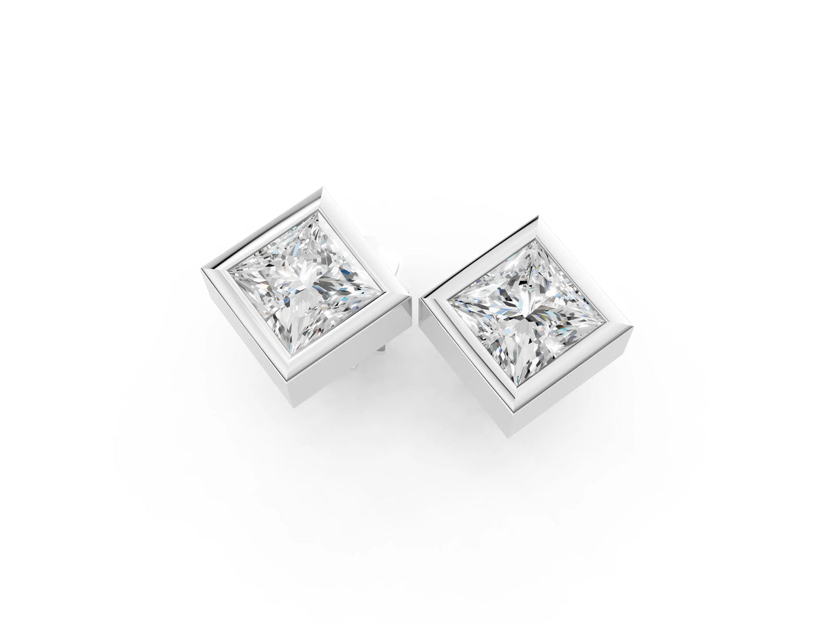 White gold Princess Cut Bezel Set Diamond Stud Earrings