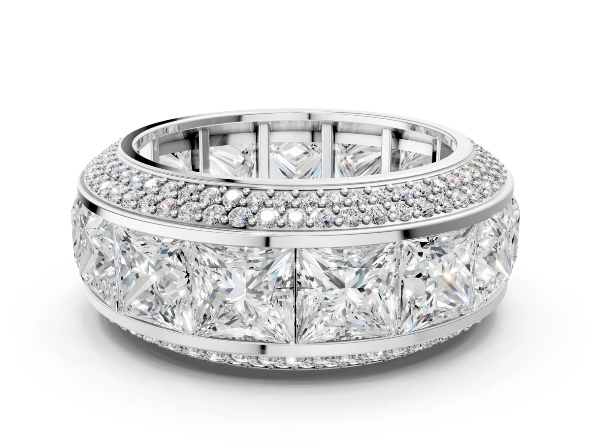 Silver Princess Diamond Pavé Mens Wedding Band with Round Diamond Accents