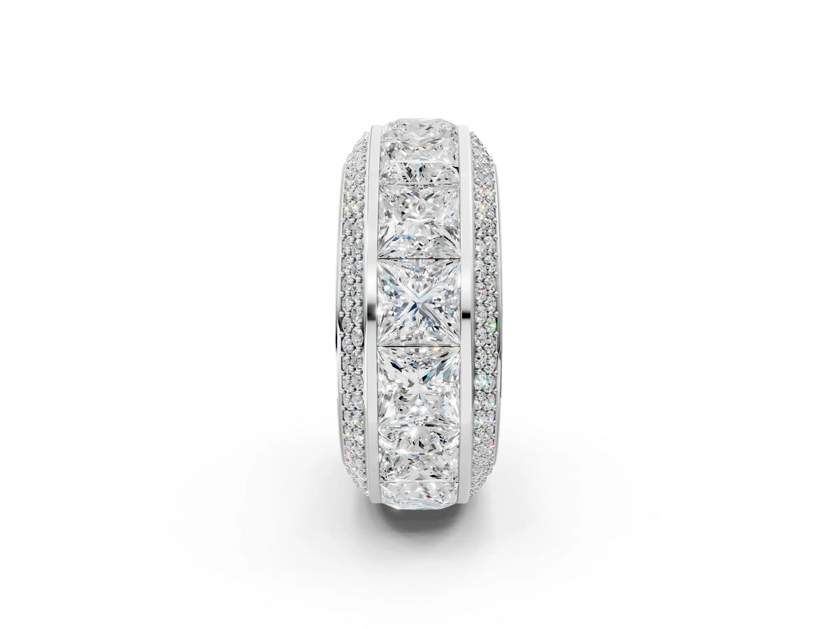 Silver Princess Diamond Pavé Mens Wedding Band with Round Diamond Accents