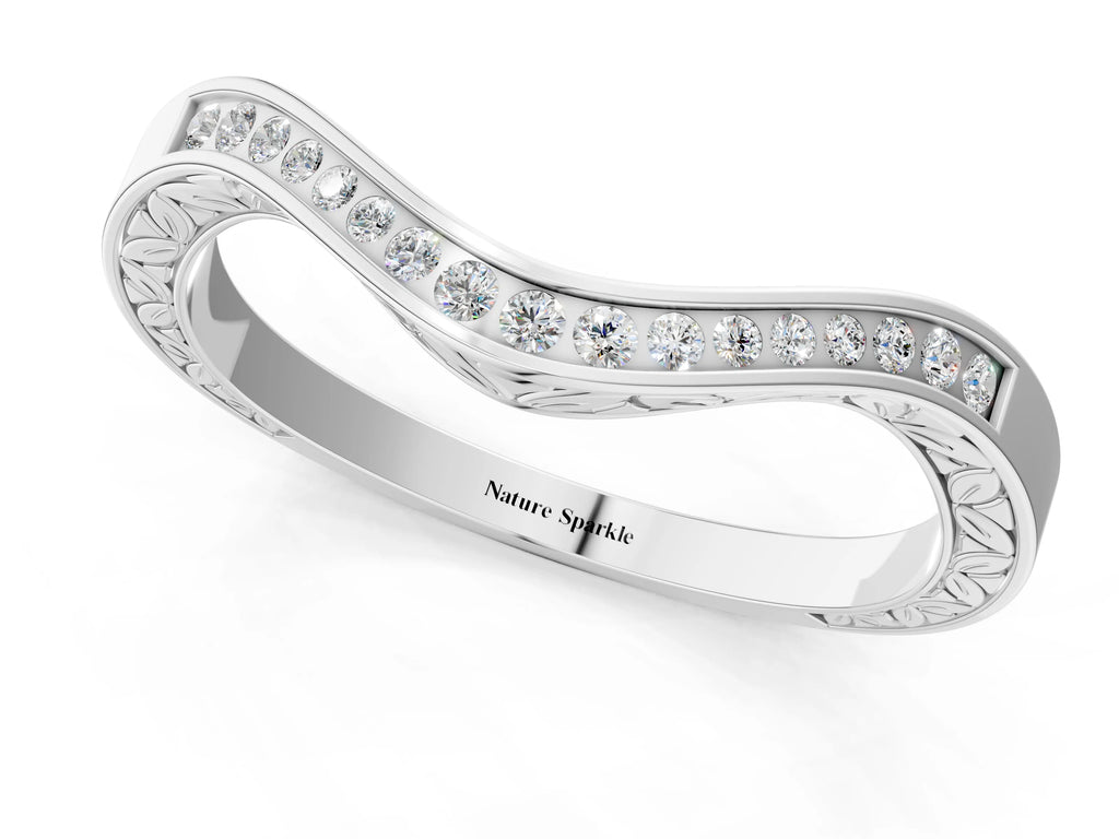 White gold Round Cut Channel Set Wave Band with Pavé Setting