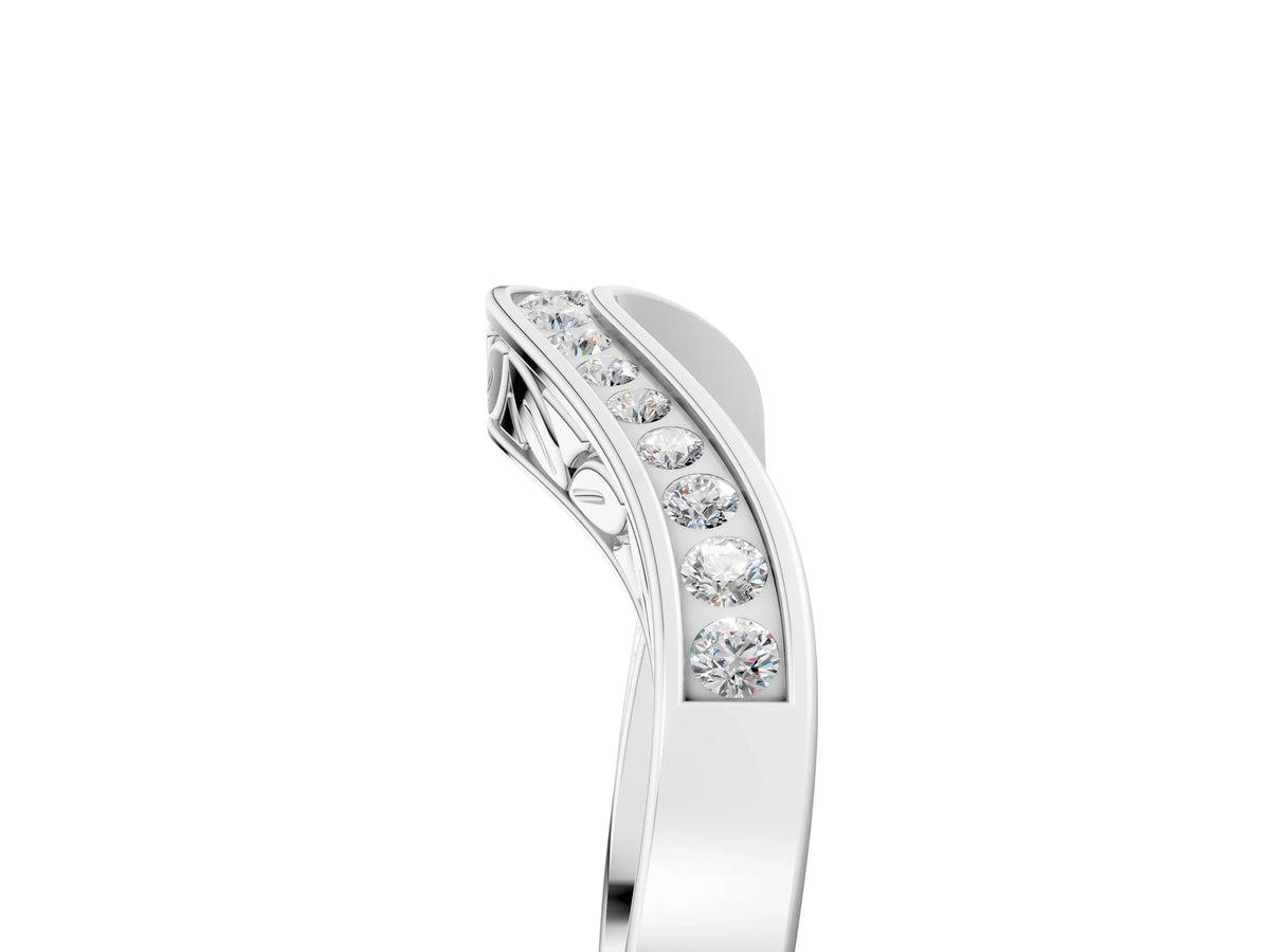 White gold Round Cut Channel Set Wave Band with Pavé Setting