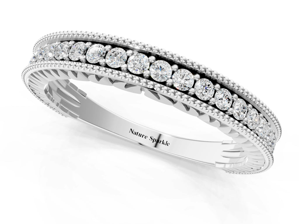 White gold Round Cut Diamond Milgrain Pavé Eternity Band
