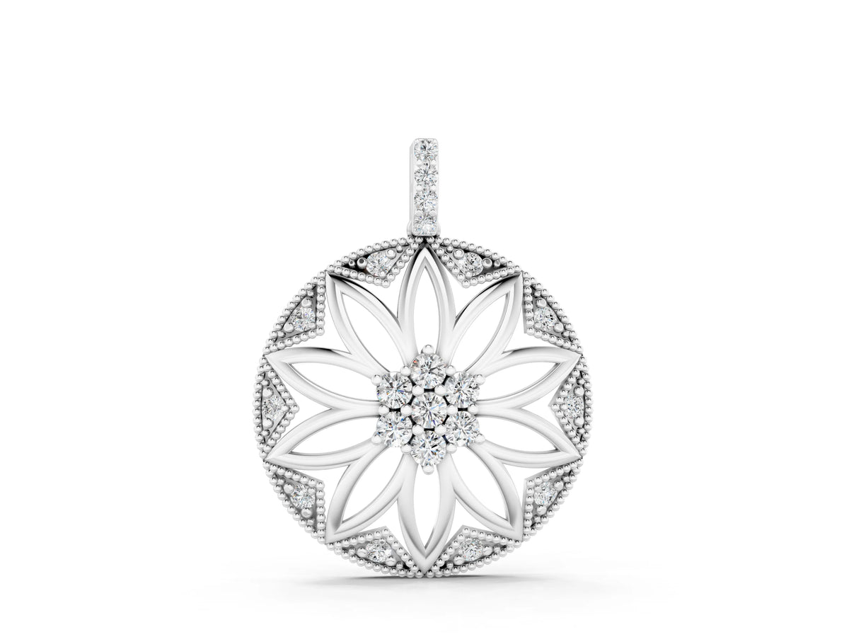 Silver Round Diamond Cluster Flower Pendant