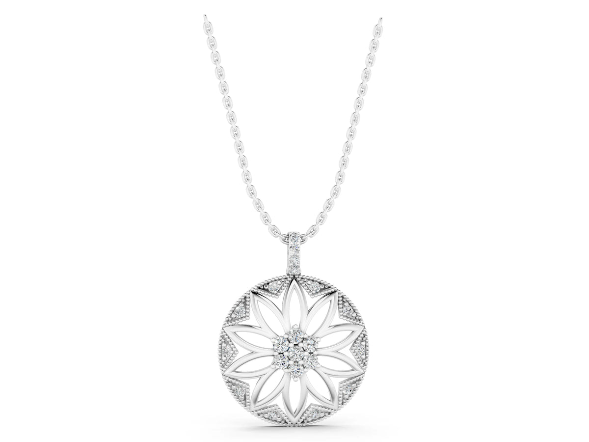 Silver Round Diamond Cluster Flower Pendant