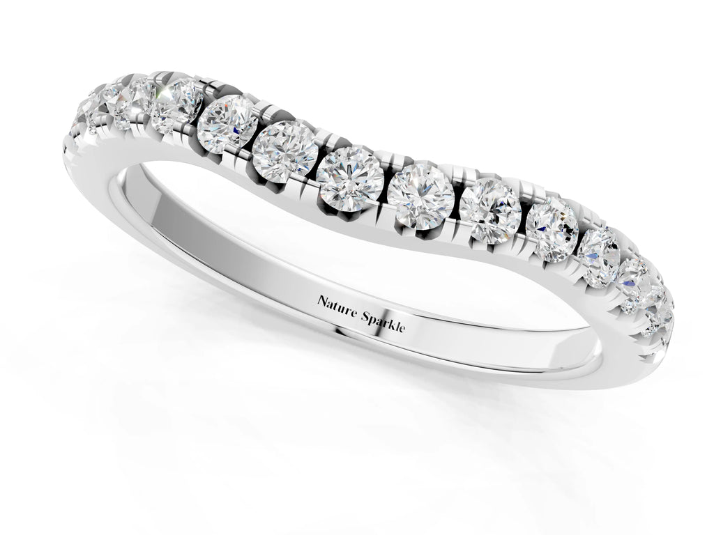 White gold Round Diamond Curved Pavé Wedding Band with Shared Prong Setting