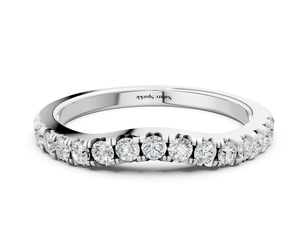White gold Round Diamond Curved Pavé Wedding Band with Shared Prong Setting