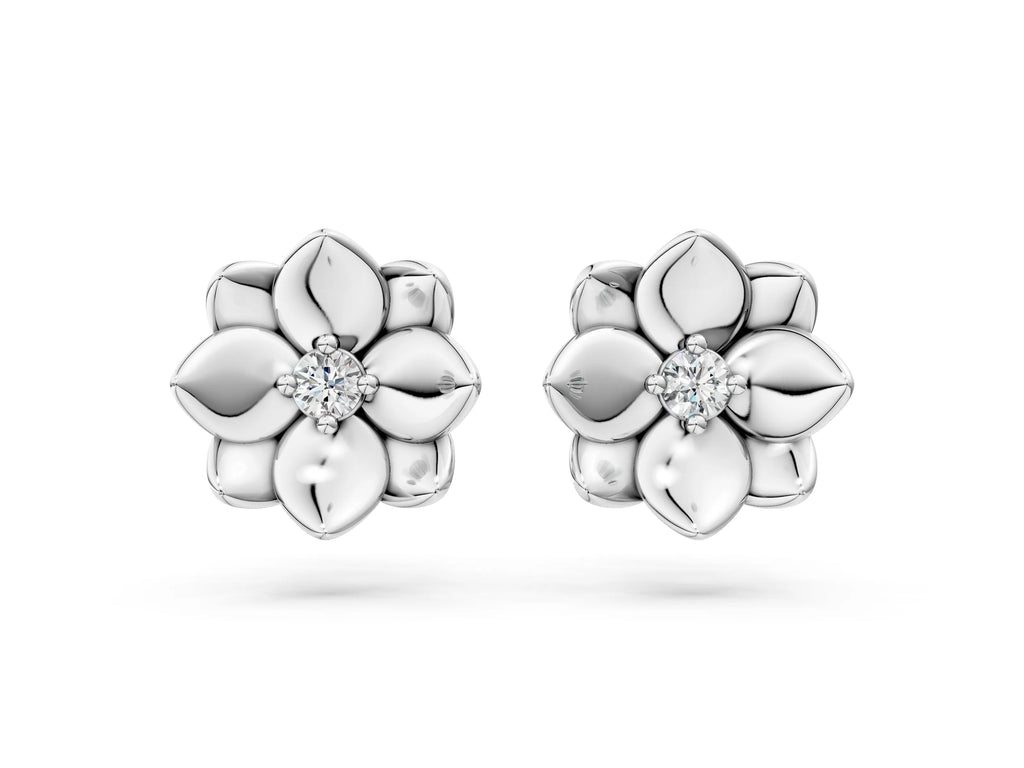 White gold Round Diamond Magnolia Floral Stud Earrings