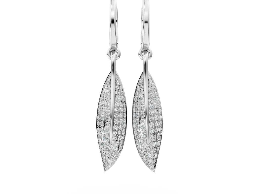 Silver Round Diamond Pavé Leaf Huggie Drop Earrings