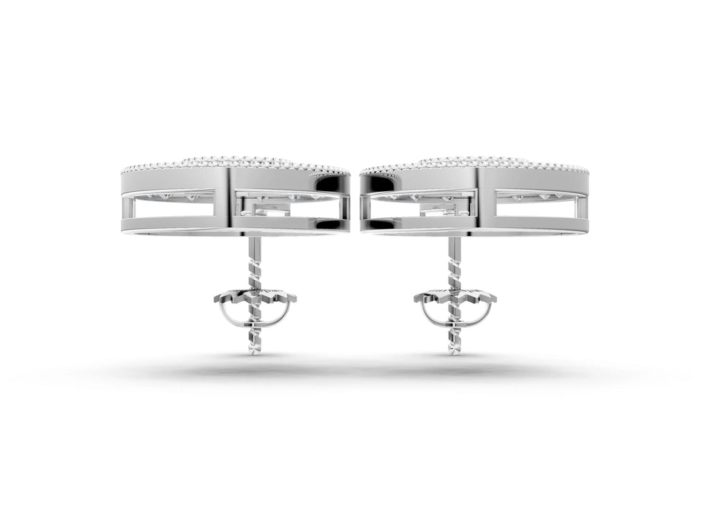 Silver Round Halo Diamond Drop Earrings with Milgrain Bezel Setting