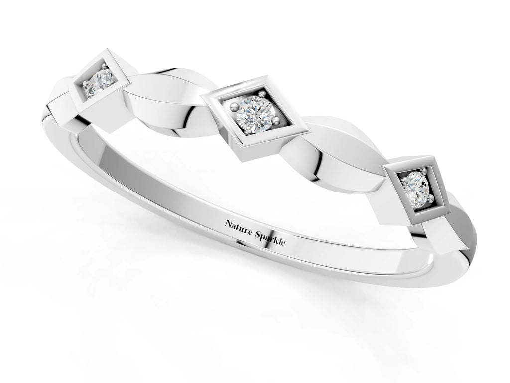 White gold Square Diamond Twist Band with Bezel Setting