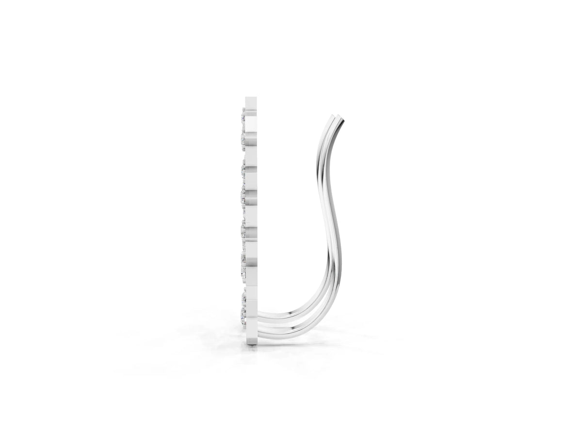 White gold Star Cluster Diamond Crescent Earrings with Round Cut Stones on a Curved Band and Prong Setting