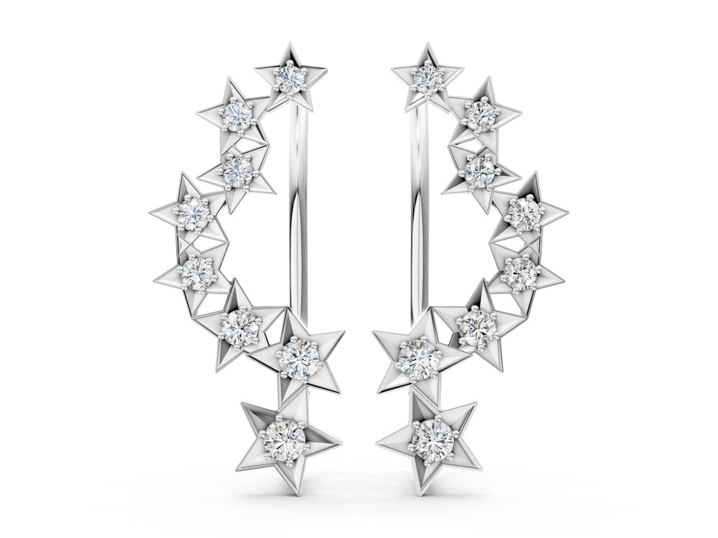 White gold Star Cluster Diamond Crescent Earrings with Round Cut Stones on a Curved Band and Prong Setting