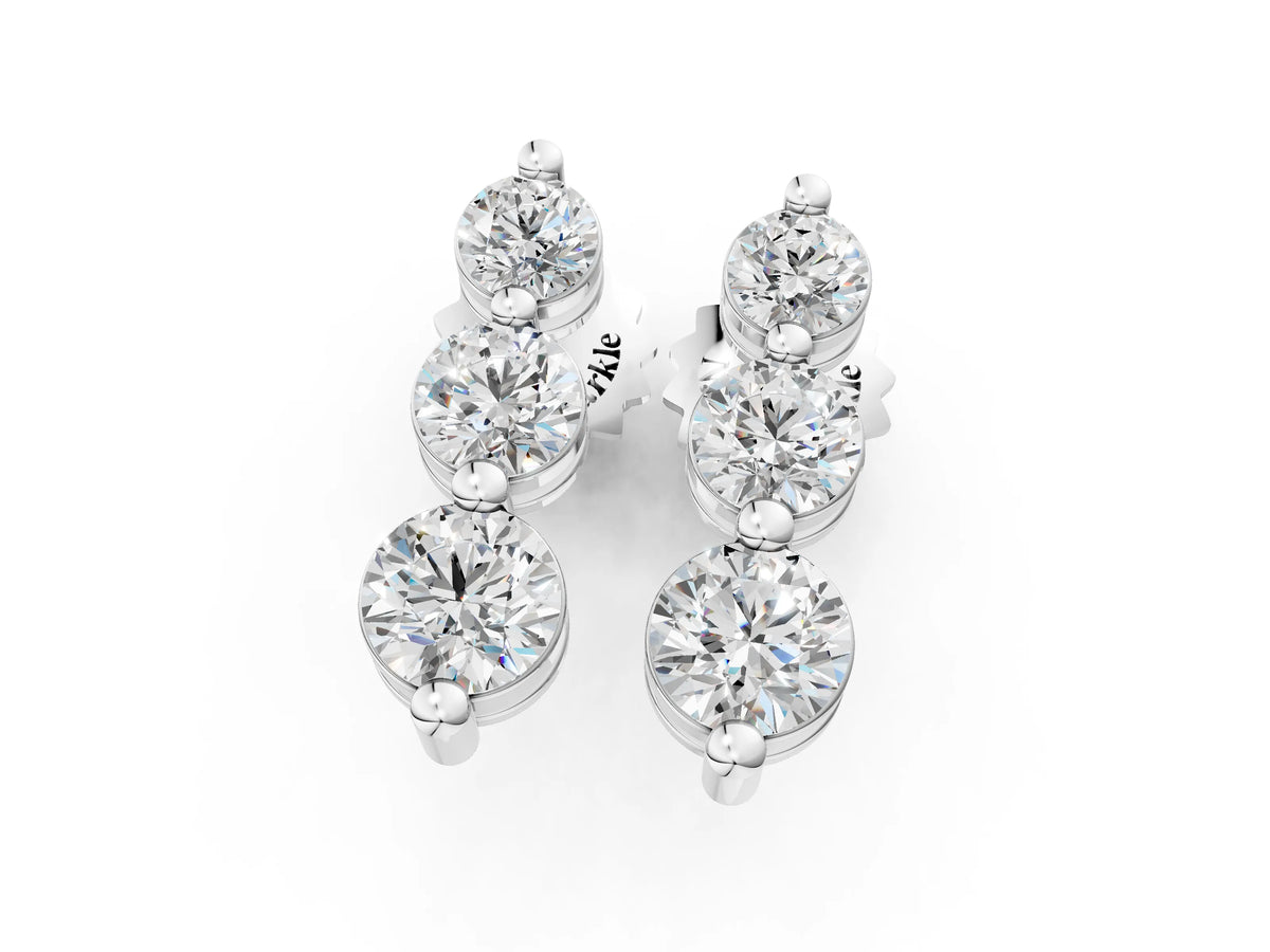 White gold Three-Stone Round Diamond Drop Earrings with Prong Setting on White Gold