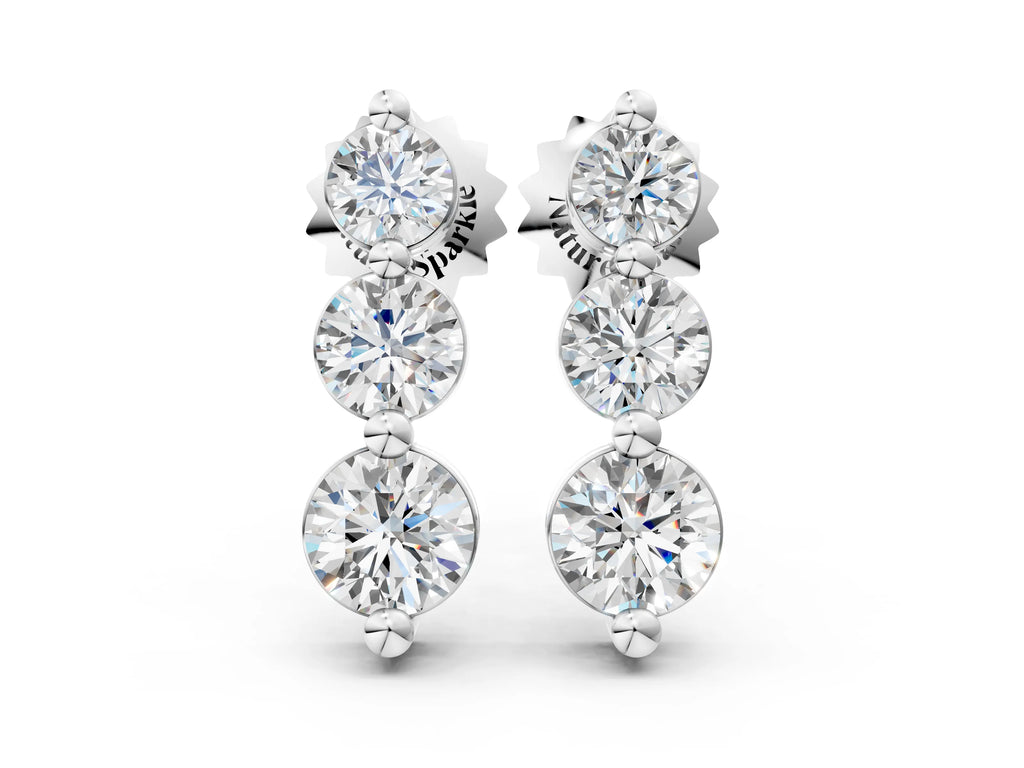 White gold Three-Stone Round Diamond Drop Earrings with Prong Setting on White Gold