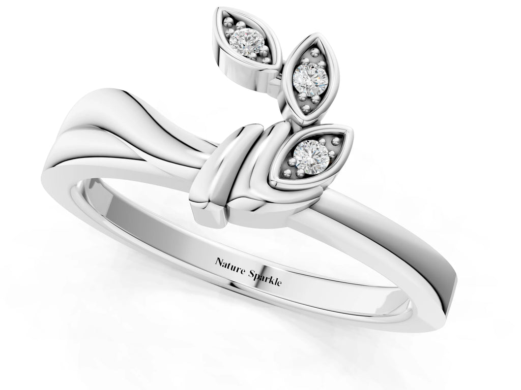 White gold Three-Stone Round Diamond Leaf Bypass Ring with Bezel Setting
