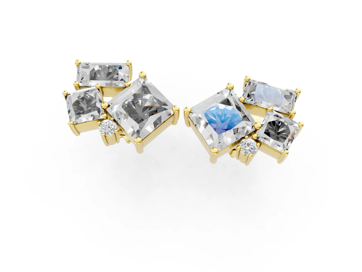 Yellow gold Baguette and Princess Diamond Mosaic Abstract Stud Earrings
