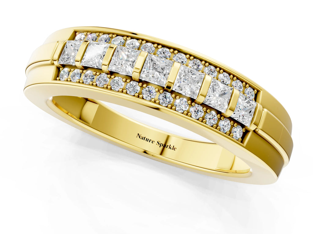 Yellow gold Bar-Set Princess Cut Diamond Pavé Band