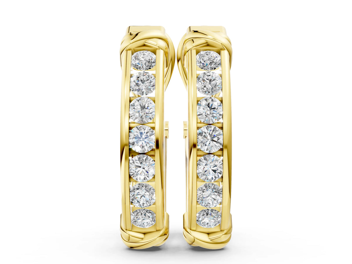 Yellow gold Channel-Set Round Diamond Two-Tone Hoop Earrings with Claw Prong Setting