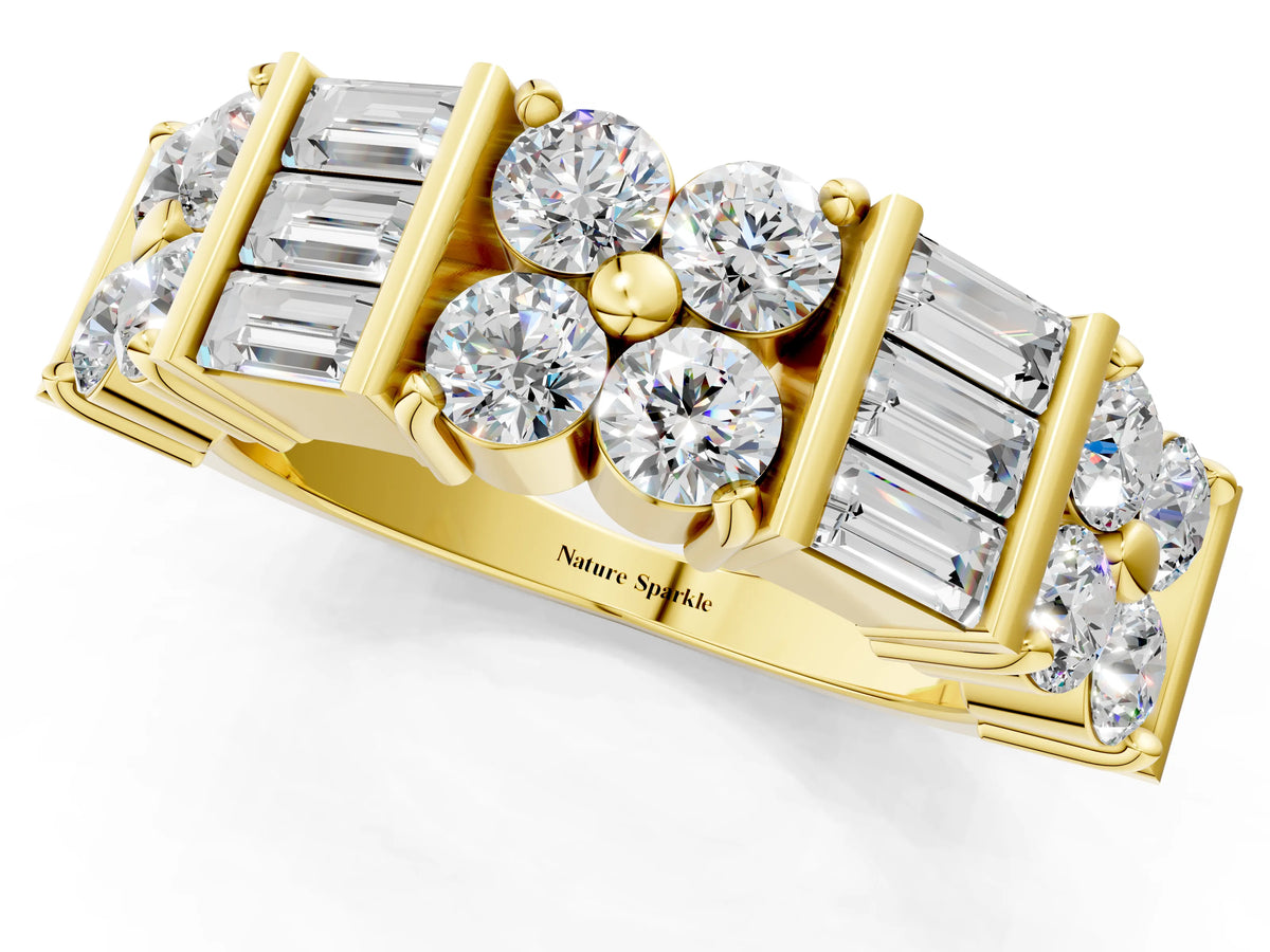 Yellow gold Channel Set Round and Baguette Diamond Anniversary Band with Prong Setting