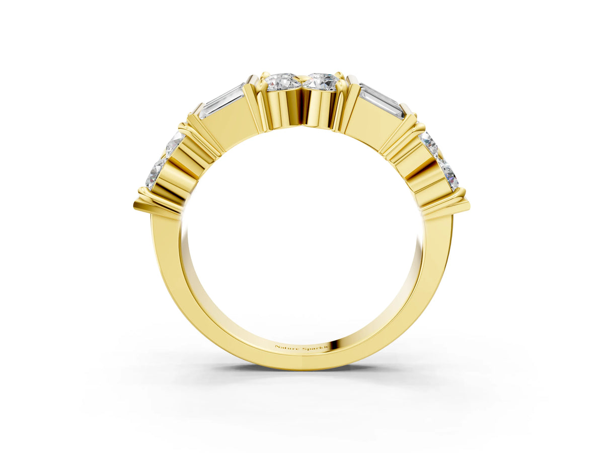 Yellow gold Channel Set Round and Baguette Diamond Anniversary Band with Prong Setting