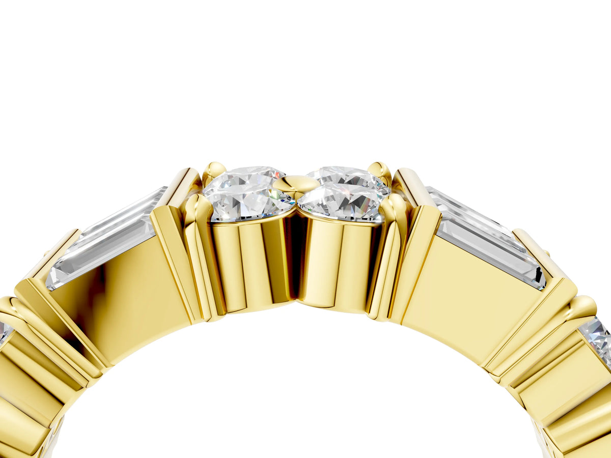 Yellow gold Channel Set Round and Baguette Diamond Anniversary Band with Prong Setting