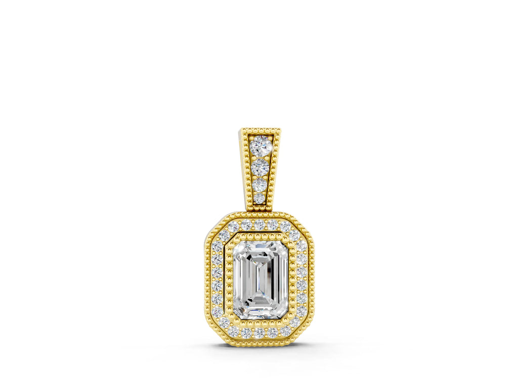 Yellow gold Emerald Cut Halo Diamond Pendant with Pavé Setting