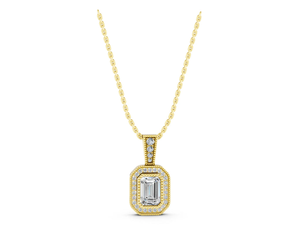 Yellow gold Emerald Cut Halo Diamond Pendant with Pavé Setting
