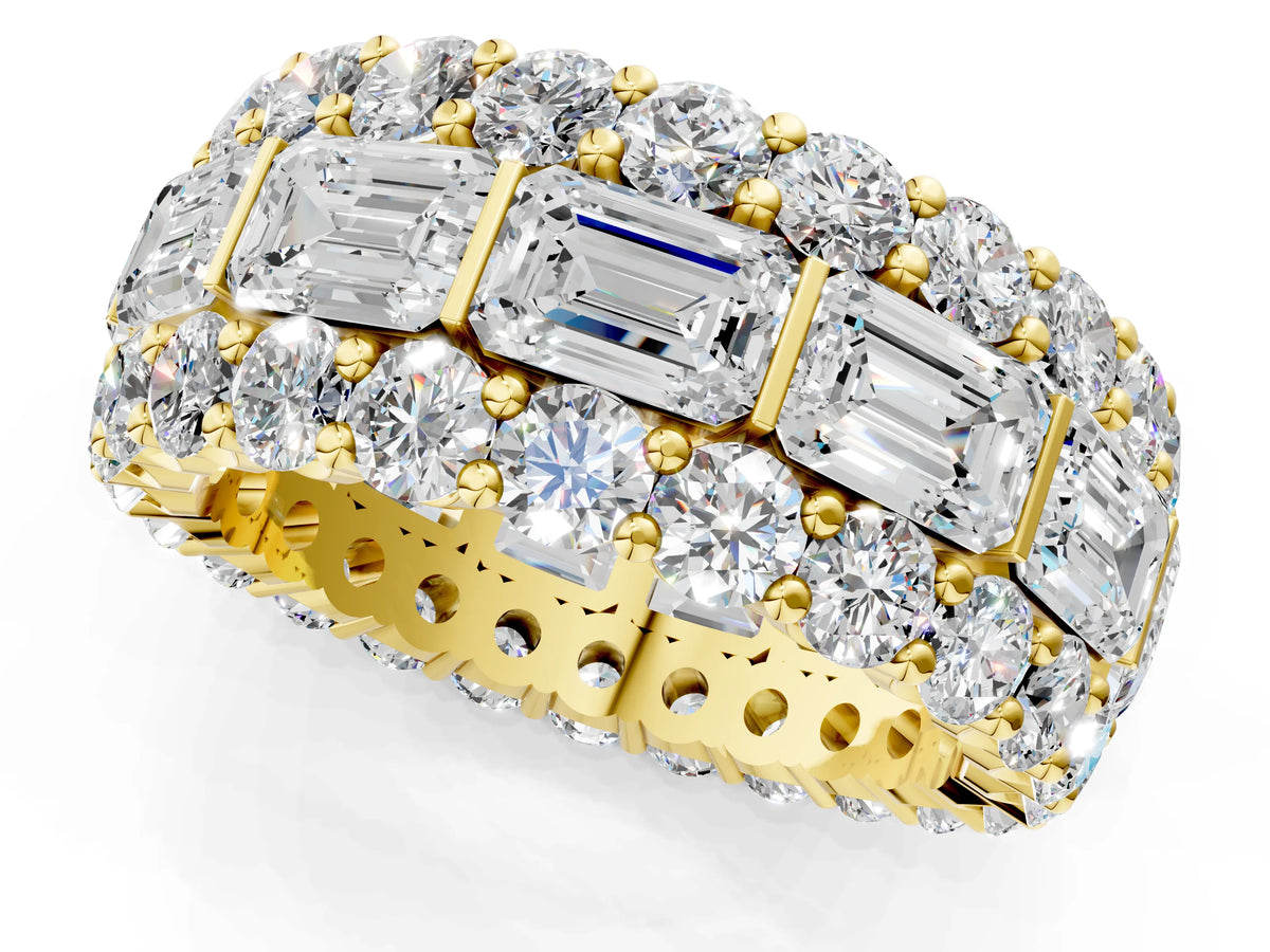 Yellow gold Emerald Cut and Round Diamond Three-Row Eternity Mens Band