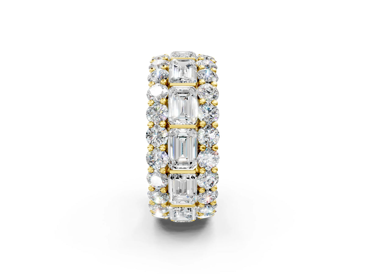 Yellow gold Emerald Cut and Round Diamond Three-Row Eternity Mens Band