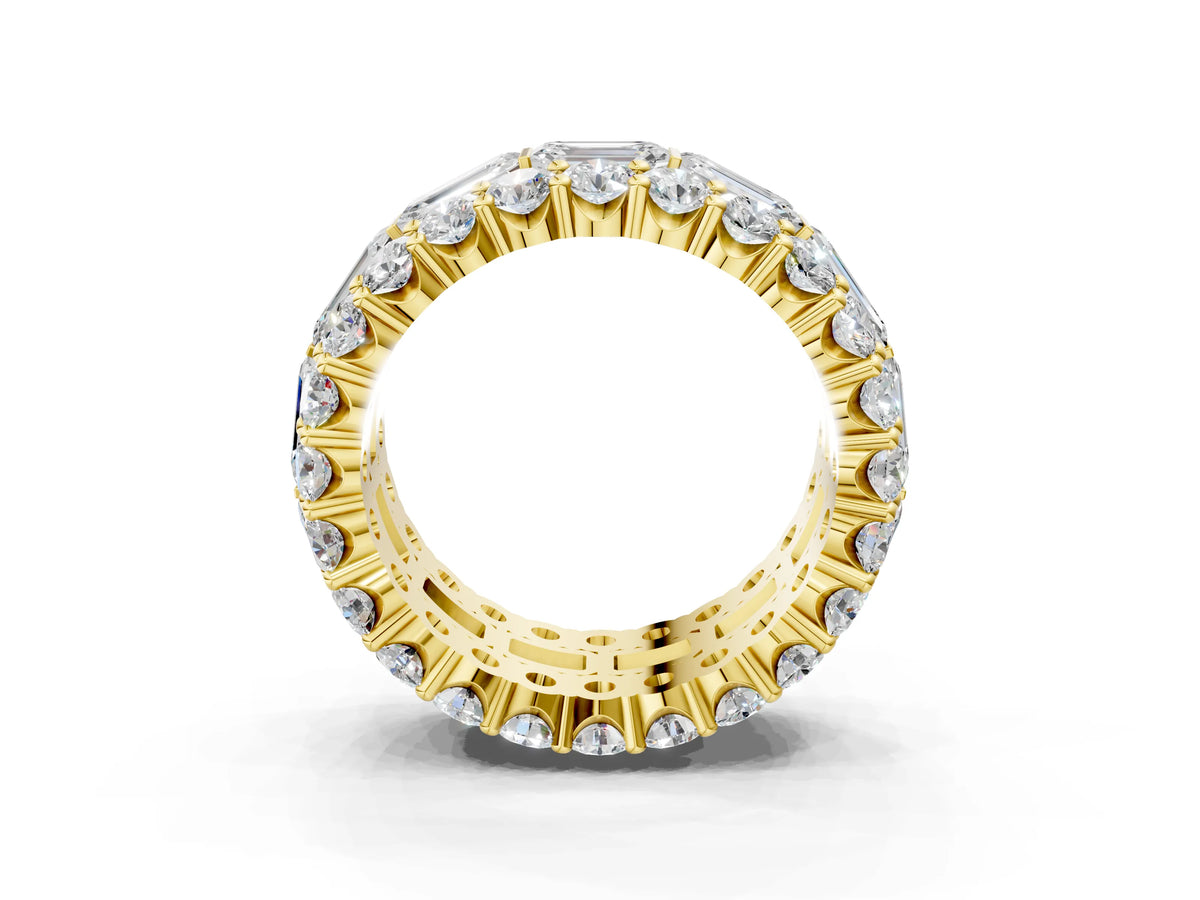 Yellow gold Emerald Cut and Round Diamond Three-Row Eternity Mens Band