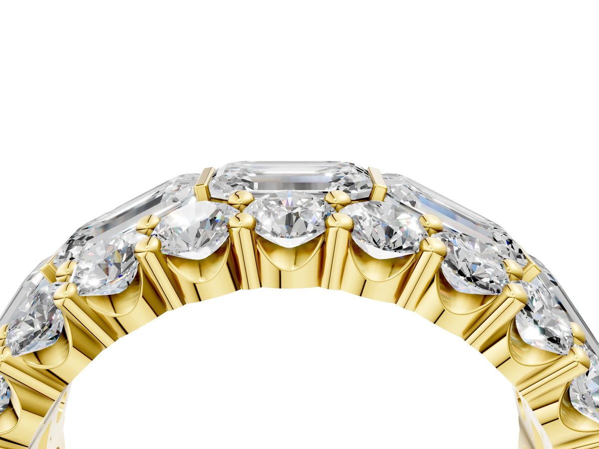 Yellow gold Emerald Cut and Round Diamond Three-Row Eternity Mens Band