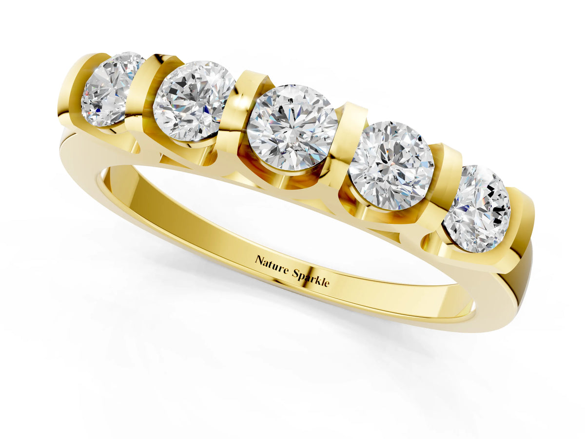 Yellow gold Five-Stone Round Diamond Half-Eternity Bar-Set Ring