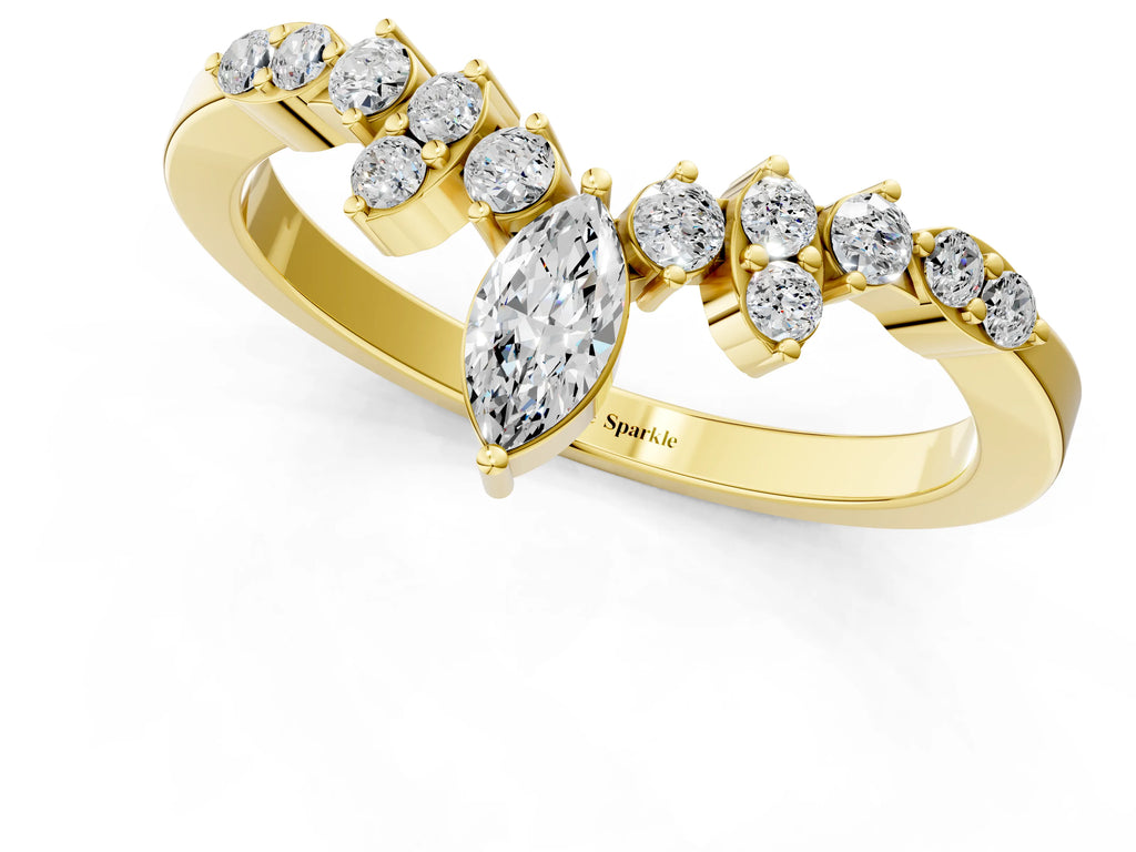Yellow gold Marquise and Round Diamond Chevron Band with Prong Setting