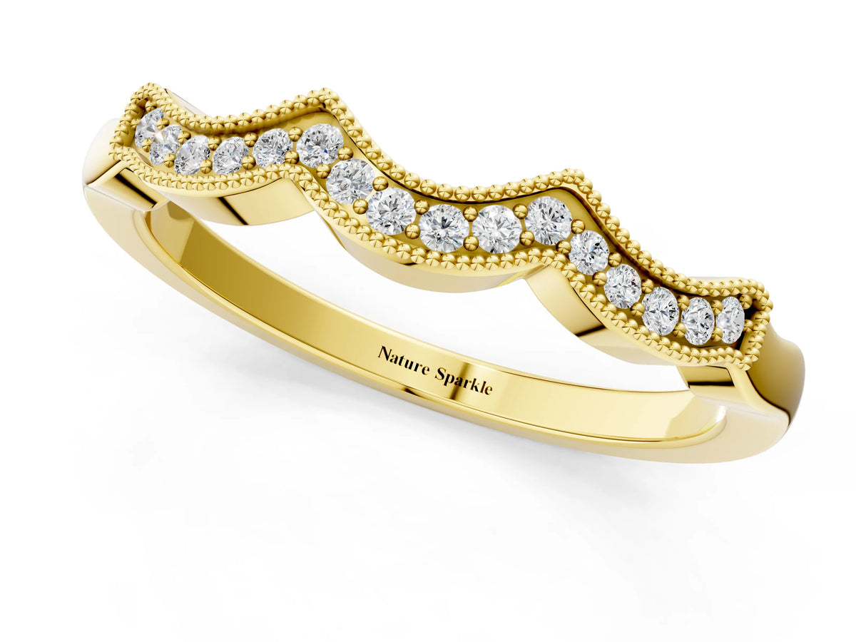 Yellow gold Milgrain Pavé Round Diamond Curved Band