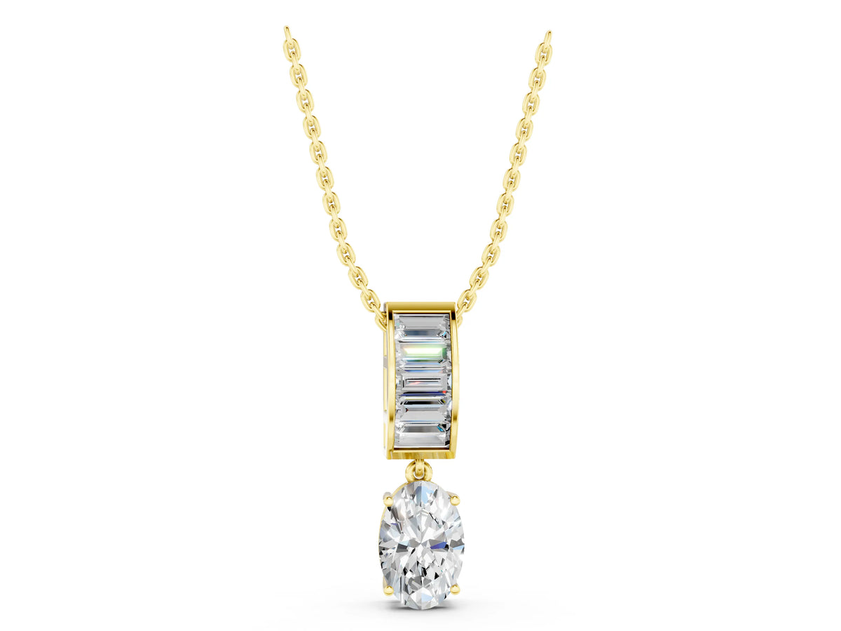 Yellow gold Oval and Baguette Diamond Drop Pendant