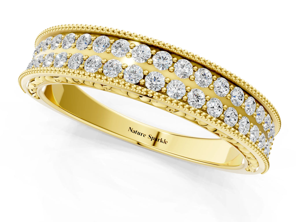 Yellow gold Pavé Round Diamond Eternity Band with Milgrain Edge