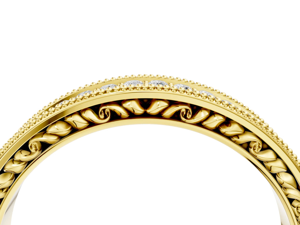 Yellow gold Pavé Round Diamond Eternity Band with Milgrain Edge