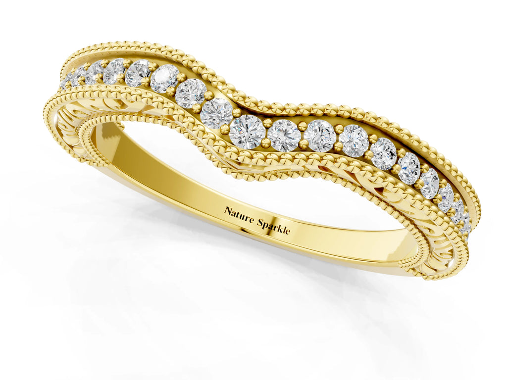 Yellow gold Pave Round Diamond Curved Milgrain Band