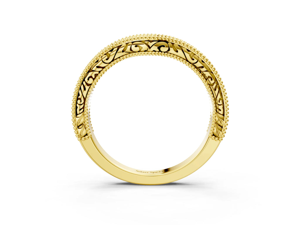 Yellow gold Pave Round Diamond Curved Milgrain Band