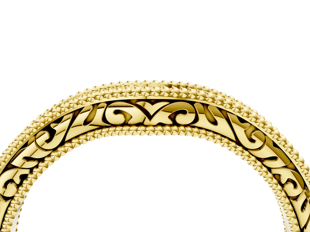 Yellow gold Pave Round Diamond Curved Milgrain Band