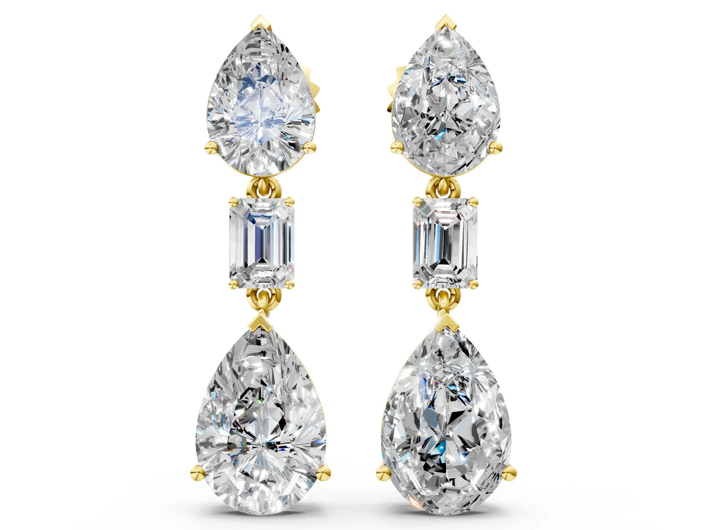 Yellow gold Pear Diamond Drop Earrings with Emerald and Pear Lab Grown Diamond Accents