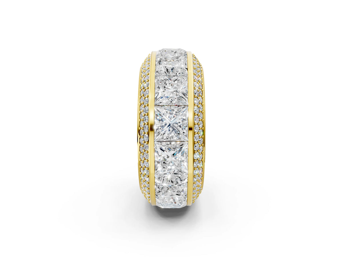 Yellow gold Princess Diamond Pavé Mens Wedding Band with Round Diamond Accents