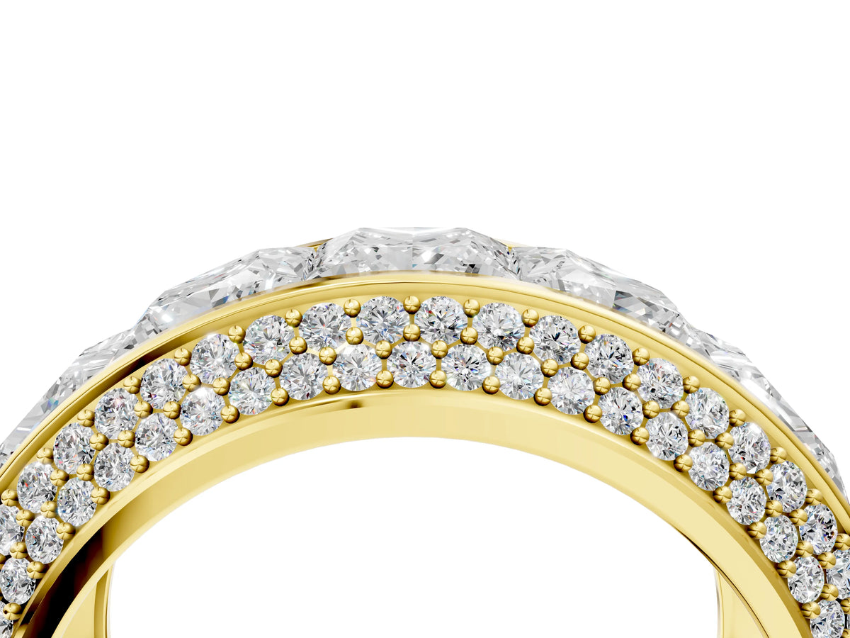 Yellow gold Princess Diamond Pavé Mens Wedding Band with Round Diamond Accents