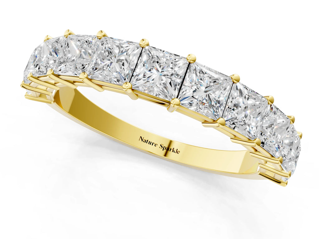 Yellow gold Princess cut diamond Half Eternity Band with Shared Prong Setting